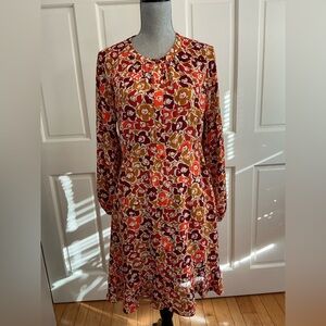 CAbi Floral Long-Sleeve Shift Dress in Red, Orange, Mustard